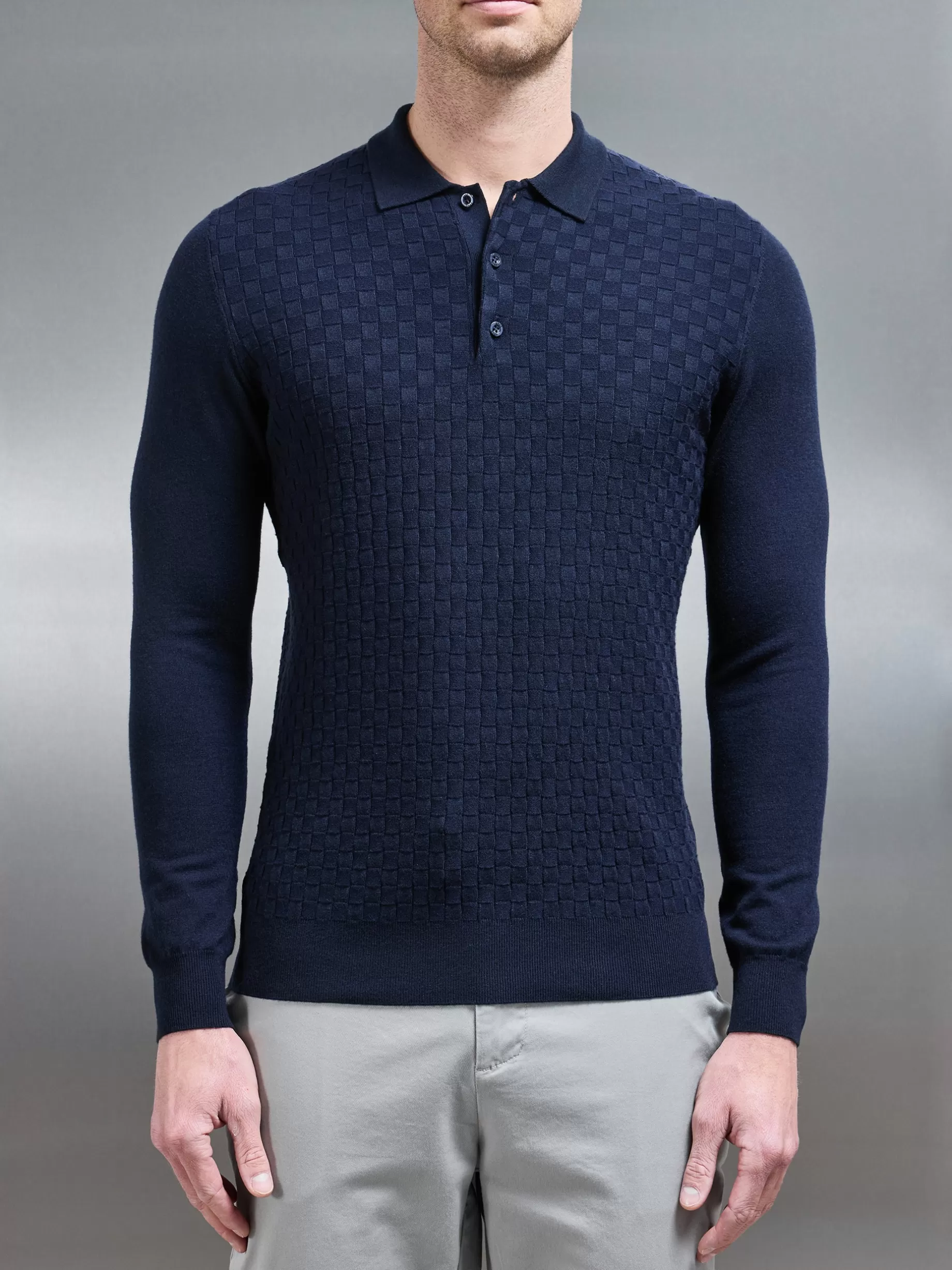 Best ARNE Square Textured Long Sleeve Button Polo Shirt - Navy