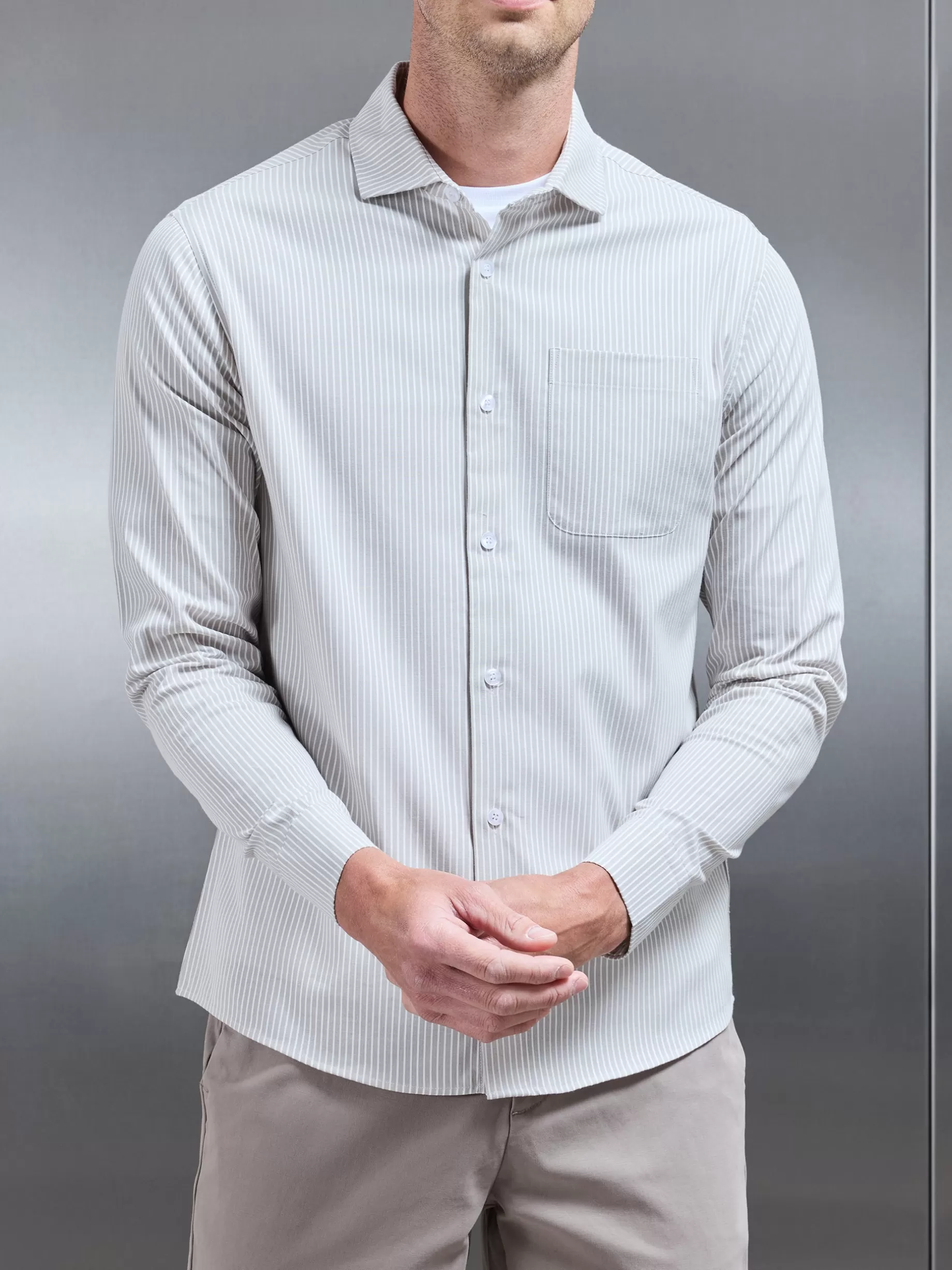 Flash Sale ARNE Stripe Long Sleeve Cutaway Collar Shirt - Stone