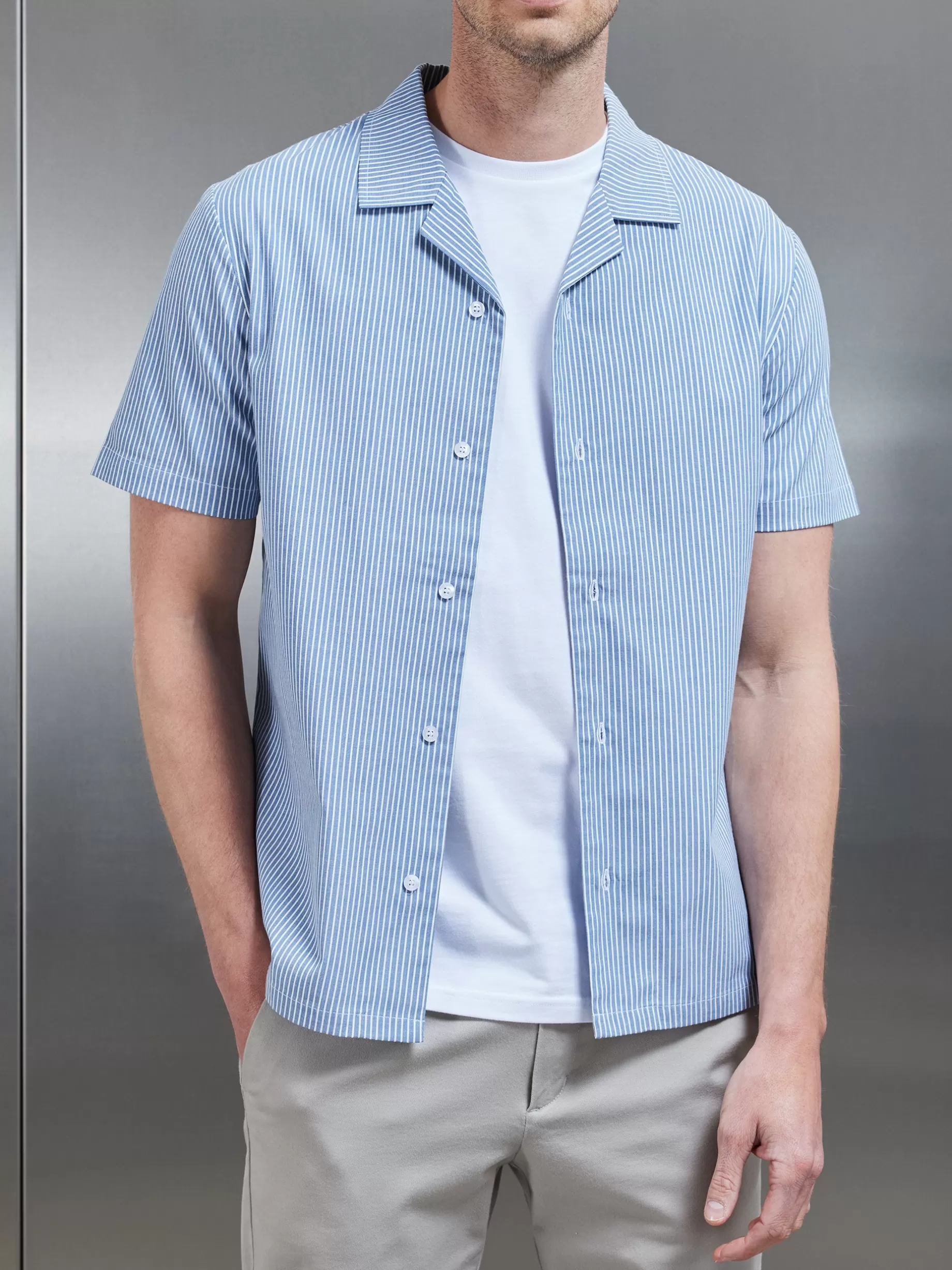 Sale ARNE Stripe Short Sleeve Revere Collar Shirt - Blue