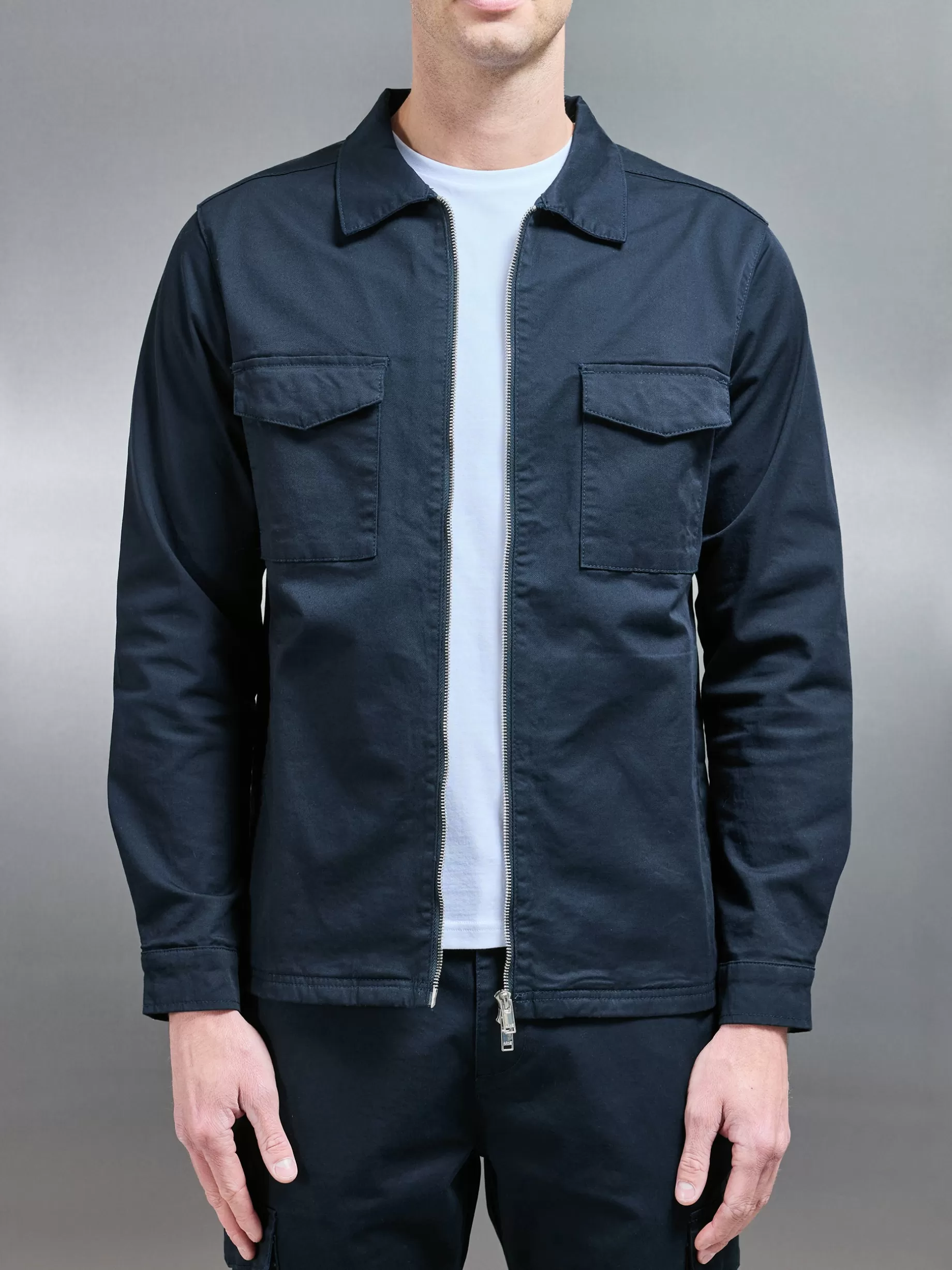 Shop ARNE Tailored Cotton Cargo Jacket - Navy